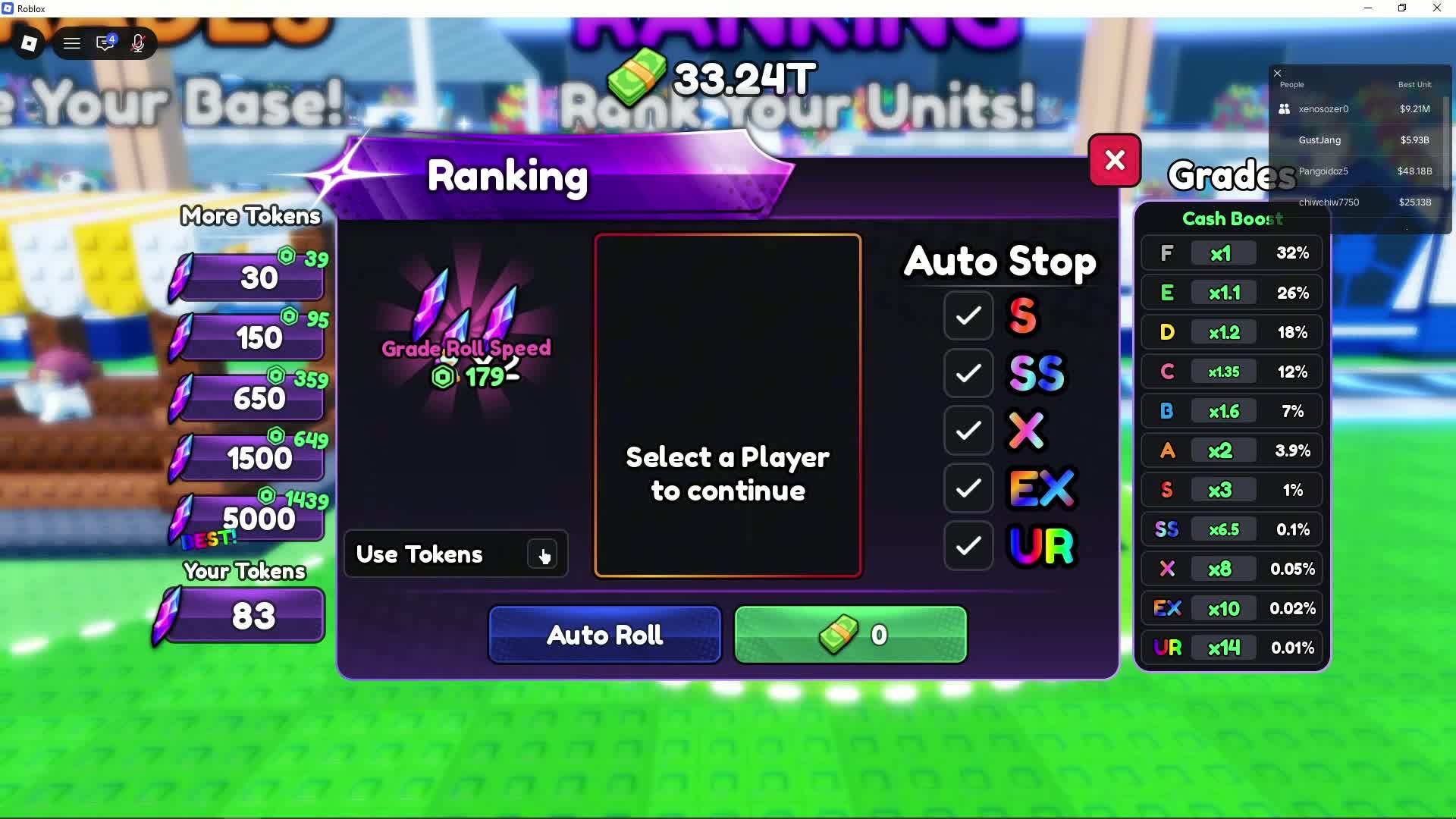 The Ranking screen has a Select a Player panel, Use Tokens toggle and a separate grade list.