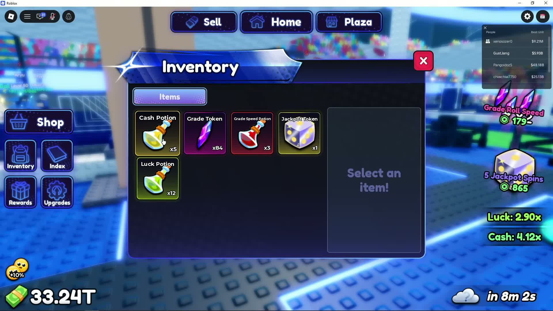 Inventory labels the purple and yellow die Jackpot Token and the purple crystal Grade Token.