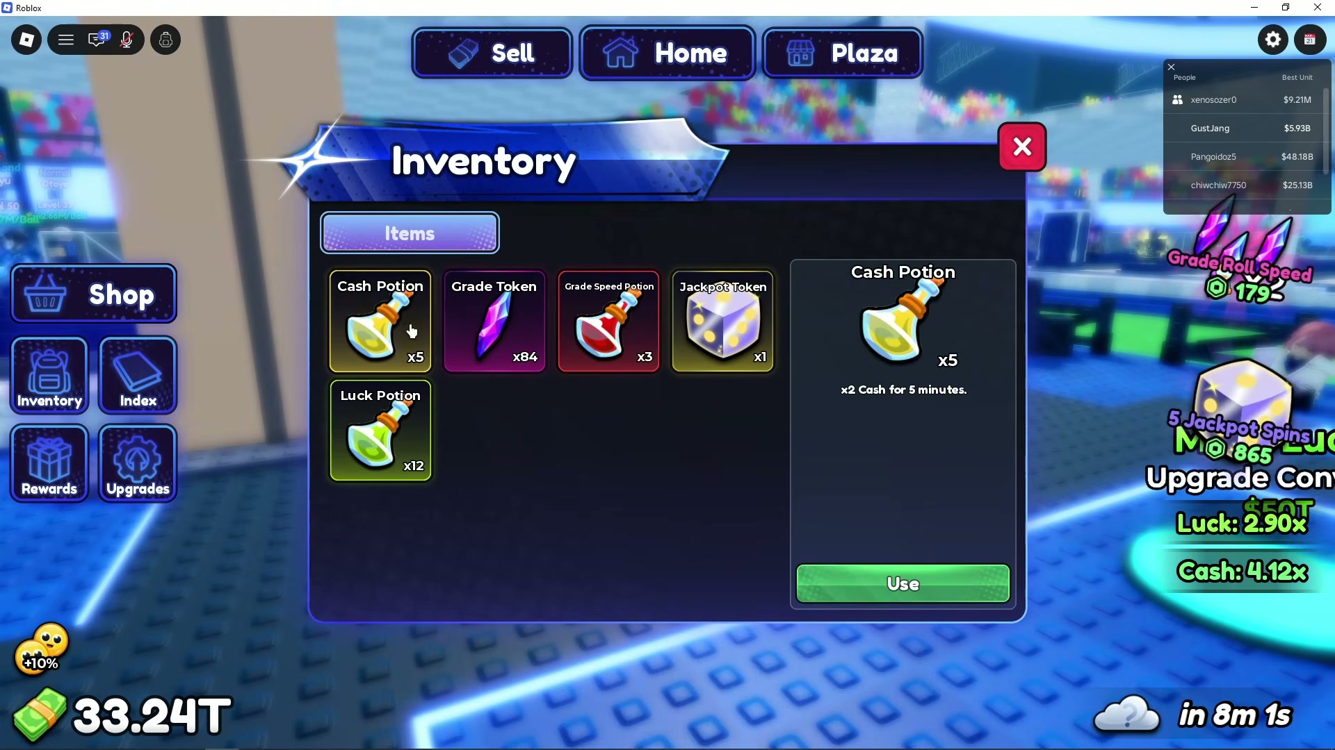 Inventory shows Jackpot Token x1 while Cash Potion x5 is selected with a Use button.
