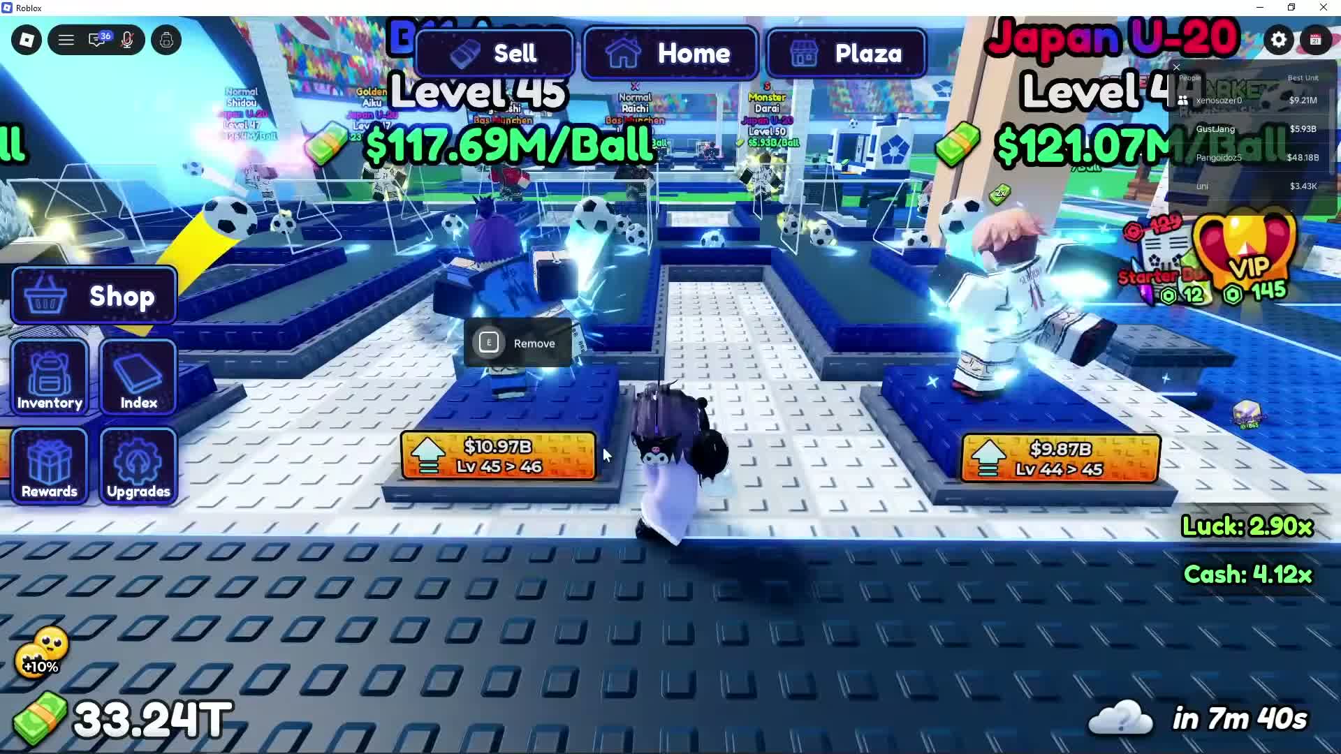 Cash upgrade buttons at the feet of two placed characters show Lv 45 > 46 and Lv 44 > 45.