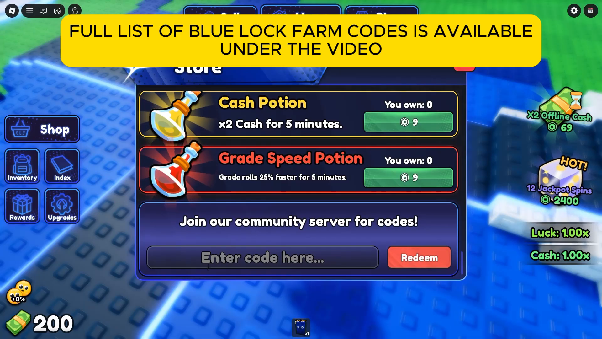 A third-party Blue Lock Farm video frame showing the Shop code-entry field and Redeem button.