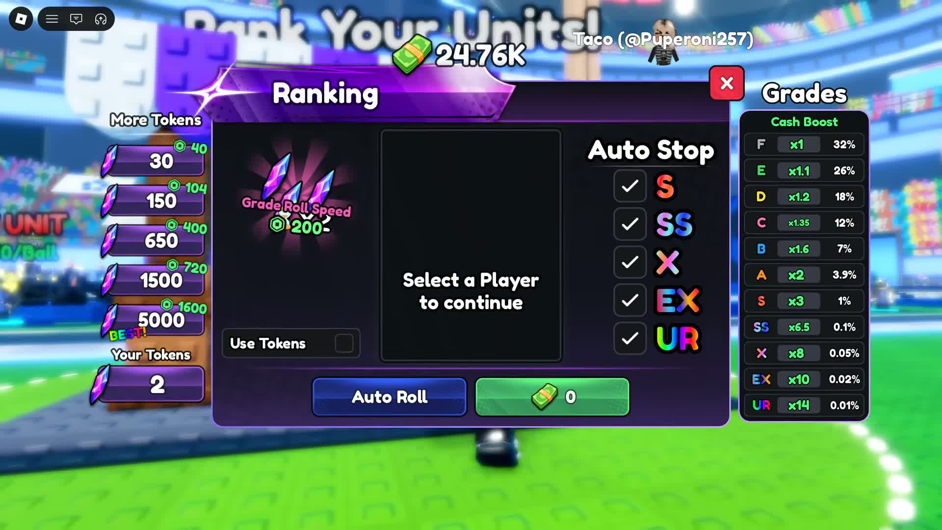 An empty Ranking panel asks Select a Player to continue and displays a Grade Token balance of two.