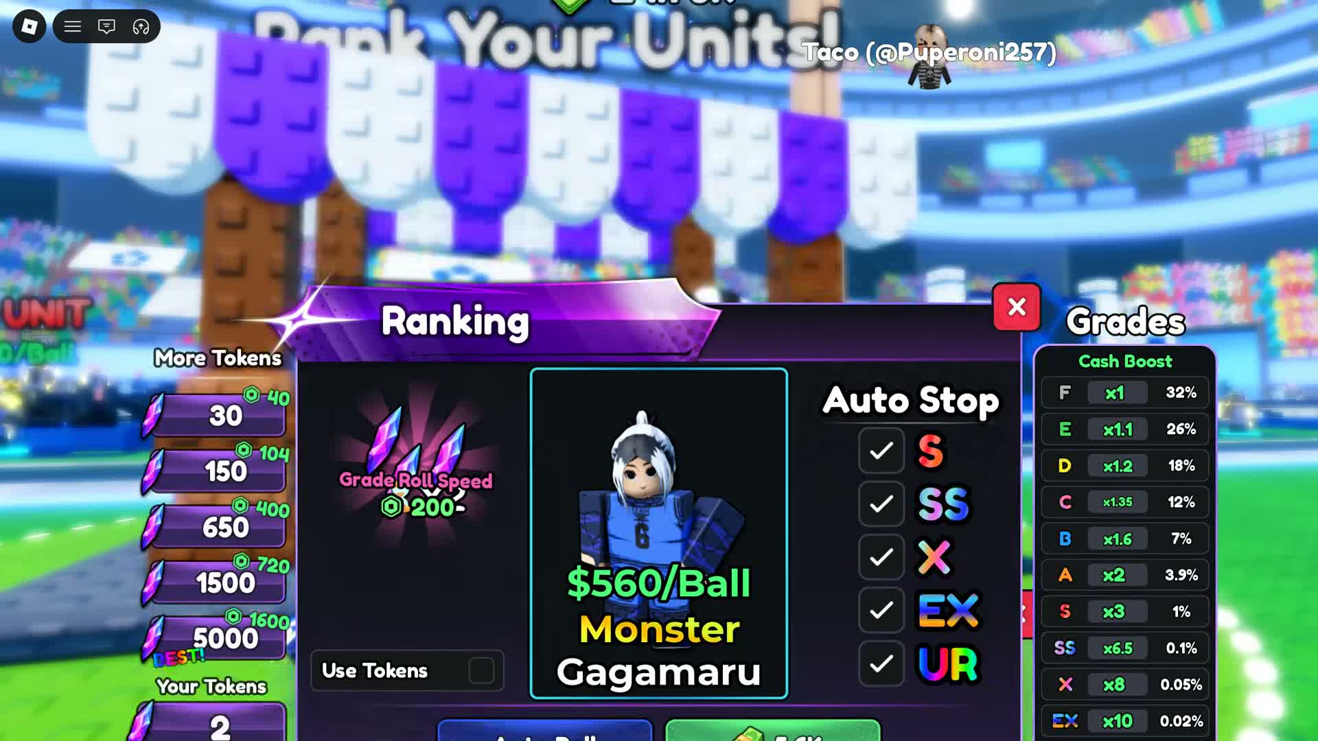 Ranking shows Monster Gagamaru selected with a 560 per ball label.