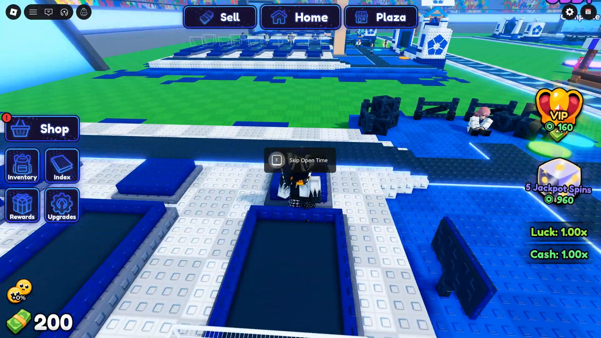 Blue Lock Farm gameplay with the Shop, Inventory, Index, Rewards and Upgrades navigation and a Slot Open Time prompt.