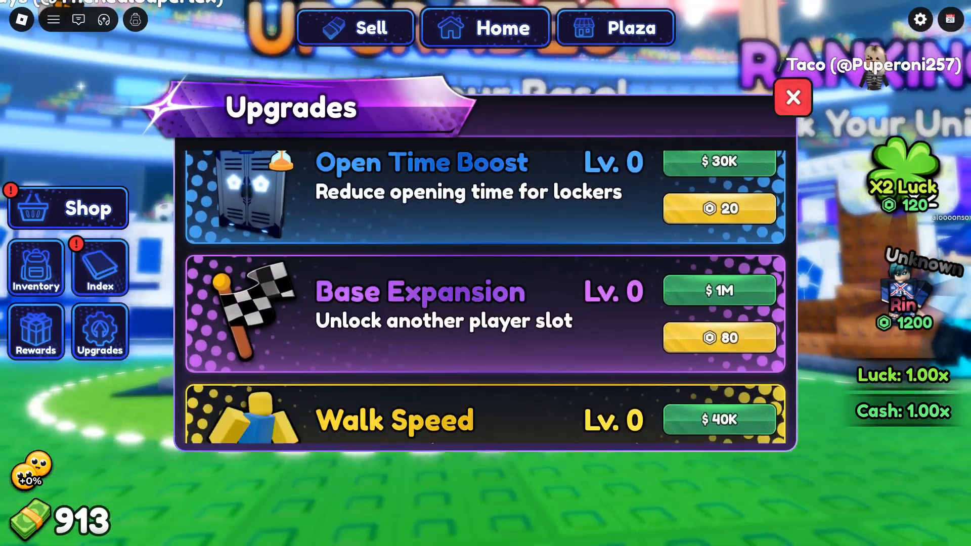 Blue Lock Farm upgrade panel with Open Time Boost, Base Expansion and Walk Speed rows.